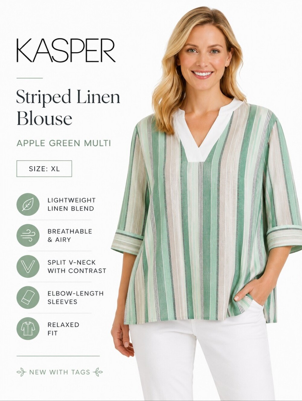 Kasper Linen Blend Apple Green Multi Stripe Blouse – NWT Size XL